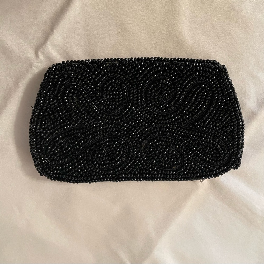 VTG Black Beaded Purse Clutch Bag By Debbie Made In Japan Zip Top Excellent Cond